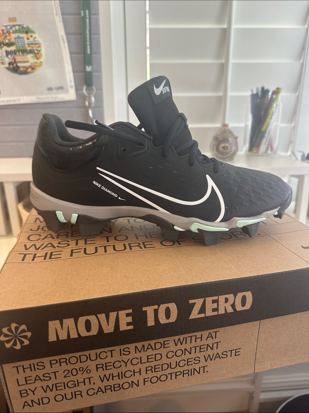 Nike Men's Black and White Diamond Cleats with Mint Accents